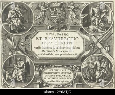 Titeldruck von Vita, Passio et Resurrectio Jesu Christi, Vita, Passio et Resvrrectio Iesv Christi (Serientitel), Leben, Leidenschaft und Auferstehung Christi (Serientitel), in einem achteckigen Rahmen der Titel der Serie. Darüber befinden sich zwei Putten, die das Wappen der Erzherzöge Albrecht und Isabella tragen. Unter dem Titel eine Kartusche mit einer Widmung. Neben dem Titel, die Werkzeuge der Leidenschaft. In den vier Ecken des Abdrucks ein rundes Bild mit einem der vier Evangelisten. Der Druck ist Teil einer Serie über das Leben Christi., Druck, Druckerei: Adriaen Collaert, (auf dem Objekt erwähnt), nach d Stockfoto