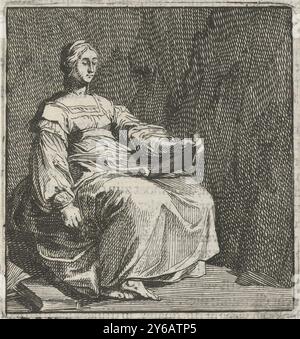 Clio, Kleio (Titel über Objekt), die sitzende Clio, die Muse der Geschichte, hält einen Schreibtisch und ein Tintenfass in der linken Hand, einen Stift in der rechten Hand. Links zu ihren Füßen liegen Bücher. Buchillustration für ein Buch, in dem die verschiedenen Musen zu Wort kommen., Druck, Druckerei: Pieter Nolpe, nach Druck von: Hendrick Goltzius, Verlag: Johannes Colom, Amsterdam, 1650, Papier, Ätzen, Gravieren, Buchdruck, Höhe, 70 mm x Breite, 66 mm Stockfoto