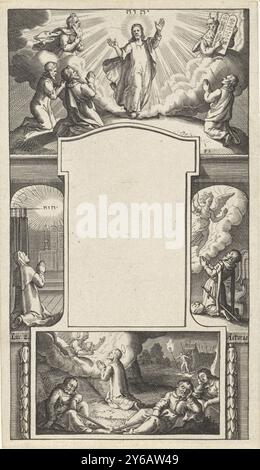 Design für eine Titelseite, Design für eine Titelseite. In der Mitte wurde ein Bereich für den Titel des Buches offen gelassen. In der Umgebung befinden sich verschiedene biblische Szenen. Oben die Verklärung, rechts die Vision von Cornelius dem Hauptmann, unten Christus in Getsemani, links Simeon betend. Mit zwei Verweisen auf Bibelverse bzw. Lukas. 2 und Hände. 10., Druck, Druckerei: Pieter Serwouters, (auf dem Objekt erwähnt), Amsterdam, 1601 - 1657, Papier, Gravur, Höhe, 120 mm x Breite, 70 mm Stockfoto