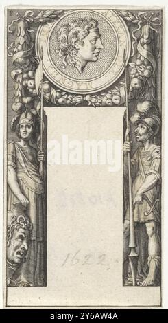 Design für eine Titelseite, Design für eine Titelseite. Oben ein Medaillon mit dem Kopf von Alexander dem Großen, verziert mit einer Girlande aus Blättern und Früchten. Sein Name ist in das pren eingetragen. Darunter wurde ein Bereich für den Titel des Buches offen gelassen. Links ist Minerva, rechts Mars., Druck, Druckerei: Pieter Serwouters, (auf dem Objekt erwähnt), Amsterdam, 1601 - 1657, Papier, Ätzen, Gravieren, Stift, Höhe, 89 mm x Breite, 48 mm Stockfoto