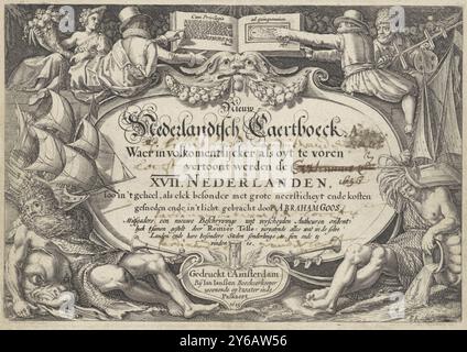 Fluss- und Meeresgötter mit Händlern, Titelseite für A. Goos und R. Telle, Nieuw Nederlandtsch caertboeck, 1625, Titel und Beschreibung des Buches sind in einer Kartusche angegeben, mit dem Abdruck unten. Oben befindet sich ein offenes Kartenbuch, in dem das Privileg von 1616 erwähnt wird. Zwei Männer auf beiden Seiten zeigen auf den Text. Rechts ein Mann mit einer Jakobsleiter in der Hand, links eine Frau mit einem Horn voller Fülle. Unten ein Fluss- und Meeresgott, jeder mit einem Schiff auf der Schulter. Über dem Abdruck eine geflügelte Sanduhr., Druck, Druckerei: Pieter Serwouters, (auf dem Objekt erwähnt), nach des Stockfoto