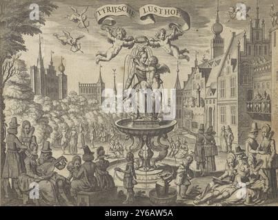 Brunnen mit friesischer Jungfrau, Titelseite für J.J. Starter, Friesche Lust-hof, 1621, in der Mitte eines Platzes befindet sich ein Brunnen, der die friesische Jungfrau repräsentiert. Sie hält das Wappen Frieslands in der Hand. Amor sitzt auf ihrem Schoß, der Arm um ihren Hals. Um den Brunnen herum tanzen elegante Paare, spazieren gehen, Liebe machen, Musik machen usw. Der Titel des Buches ist auf einer Banderole angegeben, die von Putti gehalten wird., Druck, Druckerei: Pieter Serwouters, nach Entwurf: Jan van de Velde, Verlag: Paulus Aertsz. Van Ravesteyn, Amsterdam, 1621, Papier, Gravur, Höhe, 140 mm x Breite, 185 mm Stockfoto