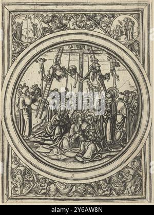 Abstieg vom Kreuz, Passion of Christ, 15 (21) (Serientitel), Abstieg vom Kreuz in einem Rahmen mit Engeln, die Musik machen und zwei andere Szenen., Druck, Druckerei: Monogrammist S (16e eeuw), (auf Objekt erwähnt), Niederländer, 1510 - 1530, Papier, Gravur, Höhe, 150 mm x Breite, 112 mm Stockfoto
