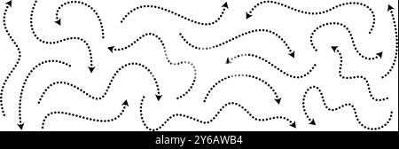 Schwarz gepunktete dünne Pfeile gesetzt. Kollektion mit gewellten und geschwungenen gestrichelten Pfeilen. Skizzierte Zeiger und Richtungslinien kritzeln. Punktmuster-Bündel mit Streifendesign für Flyer, Poster, Broschüre. Vektor Stock Vektor