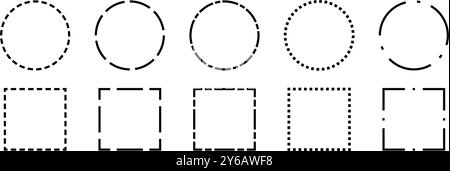 Schwarze gestrichelte Rahmenkollektion. Gestrichelte Umrisskreise und quadratischer Rahmen festgelegt. Rechteckige und runde Packung mit geometrischen Punkten. Design-Bundle mit Ausschnittelementen für Poster, Banner, Flyer. Vektor Stock Vektor