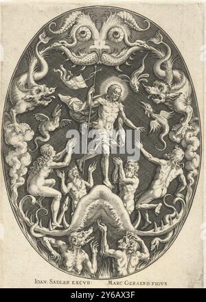 Christ in Limbo, Passion of Christ (Serientitel), Passio verbigenae quae nostra redemptio Christi (Serientitel), Christi Abstieg in Limbo nach seinem Tod. Unter ihm der Mund der Hölle und der Teufel. Er wendet sich an alttestamentliche Heilige. Im stehenden Oval mit Ornament. Der letzte Druck einer dreizehnteiligen Serie von Zierdrucken über die Passion Christi., Druck, Druckerei: Johann Sadeler (I), nach Zeichnung von: Marcus Gheeraerts (I), (erwähnt auf Objekt), Verlag: Johann Sadeler (I), (erwähnt auf Objekt), unbekannt, 1560 - 1600, Papier, Gravur, Höhe, 163 mm x Breite, 114 mm Stockfoto