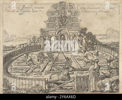 Allegory über die Unzuverlässigkeit Spaniens und die Freiheit und den Wohlstand der sieben Provinzen: Der niederländische Garten, Allegory über die Unzuverlässigkeit Spaniens und die Freiheit und den Wohlstand der sieben Provinzen präsentiert mit dem niederländischen Garten. Druck für das Flugblatt Merckt de Weijsheyt vermaert vant Hollandsche huyshouwen en sie des luypaerts aert Who not be trauen, Druck, Druckerei: Willem Pietersz Buytewech, nach eigenem Entwurf von: Willem Pietersz Buytewech, Niederlande, 1615, Papier, Ätzen, Höhe, 141 mm x Breite, 184 mm Stockfoto