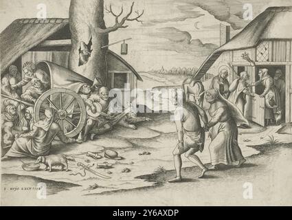 Maria und Joseph in einer herberge, Joseph und Maria mit dem Esel, stehen in der herberge, wo kein Platz für sie ist. In der Tür stehen eine zeigende Frau und ein Mann, Kind und Hund. Links, in der Nähe eines Baumes, eine Reihe von Figuren in einem Wagen vor einem Haus. Einige Figuren sitzen um einen Kessel über einem Feuer. Da sitzt ein Mann im hohlen Baum. Im Hintergrund eine Landschaft mit einer Straße, einem Kirchturm und Bäumen am Horizont., Druck, Druckerei: Frans Huys, nach Entwurf: Cornelis Massijs, Verlag: Frans Huys, (auf dem Objekt erwähnt), Antwerpen, 1558, Papier, Gravur, Höhe, 225 mm x Breite, Stockfoto