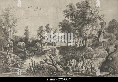 Bauern mit Rindern in der Nähe eines Baches, Landschaft mit einem Bachlauf und zwei Farmen. Auf der Bank vier Personen und drei Kühe, von denen eine gemolken wird., Druck, Druckerei: Lucas van Uden, (auf dem Objekt erwähnt), nach Malerei von: Peter Paul Rubens, Verlag: Frans van den Wijngaerde, (auf dem Objekt erwähnt), Niederländer, 1605 - 1673, Papier, Ätzen, Gravieren, Höhe, 209 mm x Breite, 315 mm Stockfoto