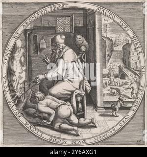 Dezember: Aufwärmen durch das Feuer, die zwölf Monate des Jahres dargestellt in Szenen aus dem Volksleben (Serientitel), Schemata XII. Mensium (...) (Serientitel), der Monat Dezember: Ein alter Mann wärmt sich durch das Feuer eines Kamins, der von einem Jungen geblasen wurde. Oben rechts befindet sich das Sternzeichen des Monats Dezember: Steinbock. Der Druck hat einen Rahmen mit einer lateinischen Randbeschriftung, die sich auf die Werke des Monats Dezember bezieht. Spiegelabschrift des gleichnamigen Drucks von Crispijn van de Passe (i)., Druck, Druckerei: Anonym, nach Druck von Crispijn van de Passe (i), Stockfoto