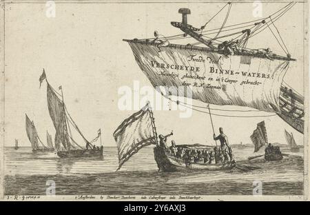 Statensloop und Segelschiffe auf ruhigem Wasser, zweiter Teil. Verscheyde Binne-Waters; neu entdeckt und zu Cooper gebracht von R.N. Zeeman (Serientitel auf Objekt), Inland Waters (Serientitel), Titelseite einer Serie von acht Drucke. Zwei staatliche Slops, die für den Transport hochrangiger Figuren verwendet werden, mit einem Baldachin und einer Flagge. Mehrere Segelschiffe und der Bugspriet eines größeren Segelschiffes mit einem Segel mit Text, drei Männer auf dem Hof., Druck, Druckerei: Reinier Nooms, (auf Objekt erwähnt), nach eigenem Entwurf von: Reinier Nooms, (auf Objekt erwähnt), Verlag: Dancker Danckerts, (auf Objekt erwähnt) Stockfoto
