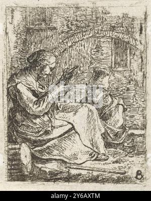 Spinster, Ein Spinster, der vor einem Haus arbeitet. Im Hintergrund ein Mann mit Hut. Nummeriert unten rechts: 8., Print, Print Maker: Thomas Wijck, 1626 - 1677, Papier, Ätzen, Trockenspitze, Höhe, 53 mm x Breite, 42 mm Stockfoto