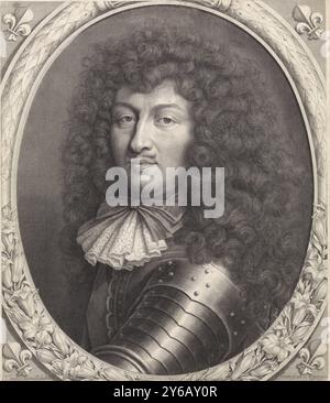 Porträt von Ludwig XIV., König von Frankreich, mit Schleife in einem ovalen Rahmen mit Lilien, Druck, Druckerei: Pieter van Schuppen, (auf dem Objekt erwähnt), nach Malerei von P. Mignard, (auf dem Objekt erwähnt), nach Zeichnung von: Pieter van Schuppen, (auf dem Objekt erwähnt), Paris, August 1672, Papier, Gravur, Höhe, 500 mm x Breite, 428 mm Stockfoto