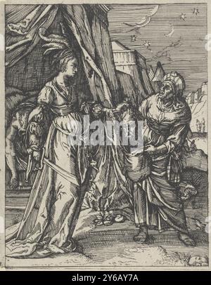 Judith mit dem Kopf des Holofernes, Judith steht in der Öffnung des Zeltes mit dem Kopf des Holofernes in der einen Hand und dem Schwert in der anderen. Sie steckt Holofernes' Kopf in die Tasche, die das Dienstmädchen für sie offen hält., Druck, Druckerei: Monogrammist EH (Graveur), (möglicherweise), nach Druck von: Christoffel van SiChem (I), nach Entwurf von: Hendrick Goltzius, Niederlande, 1546 - 1624, Papier, Ätzen, Höhe, 137 mm x Breite, 111 mm Stockfoto