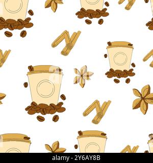 Nahtloses Muster mit Papierkaffeetasse und Sternanis und Zimt mit Kaffeebohnen Farbillustration zum Drucken von Hintergründen, Flyern, Karten Stockfoto