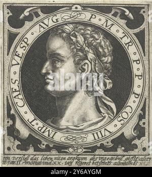 Porträt von Vespasian auf Medaillon, römische Kaiser (Serientitel), Porträt mit Büste von Kaiser Vespasian auf Medaillon in rechteckigem Rahmen mit Ornamenten. Titel und Name des Kaisers am Rand des Medaillons. Am Rand darunter zwei Zeilen in deutscher Sprache über den Tod des Kaisers., Druck, Druckerei: Nicolaes de Bruyn, nach eigenem Entwurf von: Nicolaes de Bruyn, Verlag: Assuerus van Londerseel, Niederlande, 1594, Papier, Gravur, Höhe, 67 mm x Breite, 62 mm Stockfoto