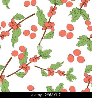 Nahtloses Muster mit Beeren und Zweigen der Kaffeepflanze Farbe Illustration für den Druck Hintergründe, Flyer, Karten, Verpackung, Stoff, Hintergrundbild Stockfoto