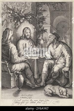 Essen in Emmaus, Christus mit den Menschen in Emmaus am Tisch, während er das Brot segnet., Druck, Druckerei: Jacob Matham, (auf Objekt erwähnt), nach Entwurf von: Hendrick Goltzius, (auf Objekt erwähnt), Cornelius Schönäus, (auf Objekt erwähnt), Haarlem, 1604 - 1608, Papier, Gravur, Höhe, 269 mm x Breite, 186 mm Stockfoto