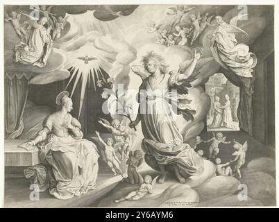 Verkündigung, Druck, Druckerei: Nicolaes de Bruyn, (erwähnt zum Gegenstand), nach eigenem Entwurf von: Nicolaes de Bruyn, (erwähnt zum Gegenstand), Herausgeber: Frederik de Wit, (erwähnt zum Gegenstand), Druckerei: Niederlande, Verlag: Amsterdam, 1622, Papier, Gravur, Höhe, 399 mm x Breite, 530 mm Stockfoto
