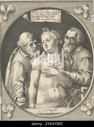 Susanna und die Ältesten, Susanna wird von zwei Ältesten verwöhnt, während sie ein Bad nimmt. Szene im ovalen Rahmen innerhalb des rechteckigen Rahmens. Vier brennende Herzen in den Ecken. Lateinische Inschrift über den Figuren bezieht sich auf die Bibelgeschichte., Druck, Druckerei: Nicolaes de Bruyn, (auf dem Objekt erwähnt), nach eigenem Entwurf von Nicolaes de Bruyn, Niederlande, 1581 - 1656, Papier, Gravur, Höhe, 192 mm x Breite, 151 mm Stockfoto