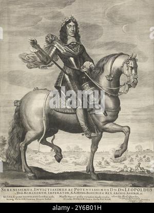 Porträt von Leopold I., Kaiser von Deutschland, zu Pferd, Serenissimus, Invicssimus ac (...) Rex, Archid. Austriae.et. (Titel zum Objekt), Porträt Leopold I., Kaiser von Deutschland, auf Pferd in Rüstung gekleidet. Er trägt einen Lorbeerkranz auf dem Kopf. In der Landschaft hinter ihm findet eine Schlacht statt, in der Dörfer unter Beschuss genommen und ein Armeelager verteidigt werden., Druck, Druckerei: Cornelis van Dalen (II), (auf dem Objekt erwähnt), nach Malerei von: Wallerant Vaillant, Amsterdam, 1648 - 1664, Papier, Gravur, Höhe, 572 mm x Breite, 531 mm Stockfoto