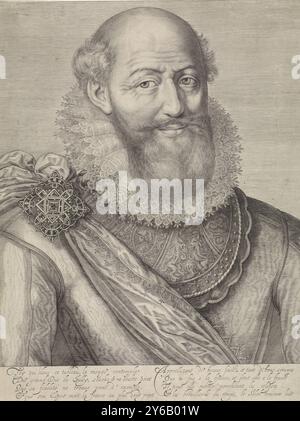 Porträt von Maximilien de Bétune, Porträt von Maximilien de Bétune (1560–1641), Graf von Sully, französischer Staatsmann (Minister für Finanzen, Wirtschaft, Landwirtschaft und öffentliche Arbeiten) unter König Ludwig IV. Büste rechts, mit Bart und Schnurrbart. Spitzenkragen, Schärpe, gesichert mit großer Edelsteinbrosche auf der Schulter., Druck, Druckerei: Jacob Matham, (erwähnt auf Objekt), Verlag: Paul de la Houve, (erwähnt auf Objekt), Keizerlijk hof, (erwähnt auf Objekt), Haarlem, 1612, Papier, Gravur, Höhe, 352 mm x Breite, 269 mm Stockfoto