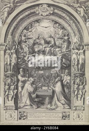 Die Krönung Mariens mit den Heiligen Laurentius, Paulus, Petrus und Sixtus, Maria sitzt neben Gott dem Vater im Himmel und wird von ihm gekrönt. Über ihr der Heilige Geist in Form einer Taube und der Chor der Engel. Unter den Heiligen Paulus, Lawrence, Sixtus und Peter vor dem Eingang zur Hölle. Das ganze in einem bogenförmigen architektonischen Rahmen mit Engeln. Unterhalb der Darstellung in einer Kartusche ist ein lateinischer Vers., Druck, Druckerei: Cornelis Cort, (erwähnt auf Objekt), nach Entwurf von: Federico Zuccaro, (erwähnt auf Objekt), Verlag: Laurentius Vacarius, (erwähnt auf Objekt), Rom, 1576, Paper, engra Stockfoto