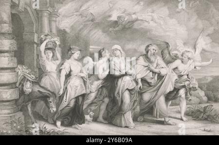 Flucht von Lot und seiner Familie aus Sodom, zwei Engel führen Lot und seine Familie aus Sodom durch das Stadttor. Ein Esel ist mit seinem hab und gut beladen. In der Luft fliegen feuerspeiende teuflische Figuren in Richtung Stadt., Druck, Druckerei: Ferdinand Leenhoff, (auf Objekt erwähnt), nach Malerei von: Peter Paul Rubens, (auf Objekt erwähnt), Drucker: Charles Chardon aîné, (auf Objekt erwähnt), Paris, 1851 - 1893, Papier, Ätzen, Höhe, 376 mm x Breite, 523 mm Stockfoto