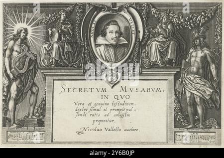 Porträt von Nicolas Vallet flankiert von Musen mit Musikinstrumenten und Apollo mit Leier und Quecksilber und Titel, Titelseite für: Nicolas Vallet, Secretum Musarum, 1615, Secretvm Mvsarvm in quo (Titel über Objekt), in Kartusche das Porträt von Nicolas Vallet und sein Wappen über rechteckigem Rahmen für Titel. Das Porträt wird von zwei Musen flankiert, die eine Laute und Flöte spielen, sowie von Ornamenten mit Girlanden. Auf beiden Seiten befinden sich zwei mythologische Figuren, Apollo mit Leier und Sonnenstrahlen und Quecksilber mit geflügeltem Helm und Caduceus., Druck, Druckerei: Joan Berwinckel, (auf dem Objekt erwähnt), nach Entwurf von: Stockfoto