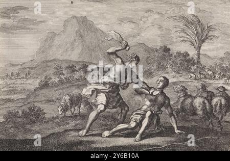 Cain Kills Abel, Printmacher: Jan Luyken, Herausgeber: Pieter Mortier (I), (Manner of), Printmacher: Haarlem, Verlag: Amsterdam, 1703, Papier, Ätzen, Höhe, 104 mm x Breite, 153 mm Stockfoto