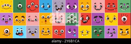 Kindliche Monster Gesichter in mehrfarbigen Quadraten Vektorsymbolen Stock Vektor