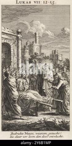 Auferstehung des Sohnes der Witwe von Nain, Druck, Druckerei: Anonym, nach Druck von: Jan Luyken, Amsterdam, 1712, Papier, Ätzen, Höhe, 134 mm x Breite, 70 mm Stockfoto