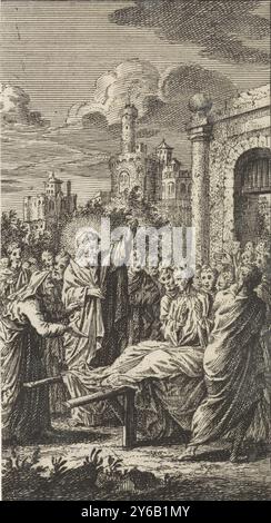 Auferstehung des Sohnes der Witwe von Nain, Druck, Druckerei: Anonym, nach Druck von: Jan Luyken, Amsterdam, 1712, Papier, Ätzen, Höhe, 137 mm x Breite, 68 mm Stockfoto
