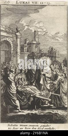 Auferstehung des Sohnes der Witwe von Nain, Druck, Druckerei: Anonym, nach Druck von: Jan Luyken, Amsterdam, 1712, Papier, Ätzen, Höhe, 133 mm x Breite, 71 mm Stockfoto