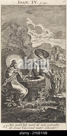 Christus und die samaritanische Frau am Brunnen, Druck, Druckerei: Anonym, nach Druck von: Jan Luyken, Amsterdam, 1712, Papier, Ätzen, Höhe, 131 mm x Breite, 68 mm Stockfoto