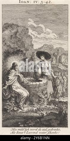 Christus und die samaritanische Frau am Brunnen, Druck, Druckerei: Anonym, nach Druck von: Jan Luyken, Amsterdam, 1712, Papier, Ätzen, Höhe, 134 mm x Breite, 71 mm Stockfoto