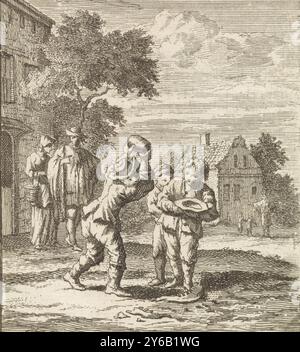 Kinderspiel ossekies, de Ossekies, Druck, Druckerei: Zacharias Chatelain (II), nach Zeichnung von: Jan Luyken, Verlag: weduwe Pieter Arentsz (II), Amsterdam, 1712, Papier, Ätzen, Buchdruck, Höhe, 96 mm x Breite, 85 mm Stockfoto