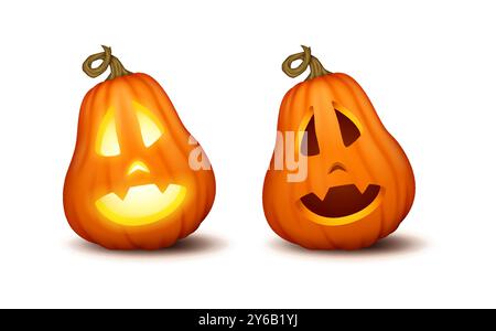 Halloween-Kürbisse mit überraschtem Gesicht, realistischen Symbolen Stock Vektor