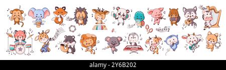 Tiere, die Musikinstrumente spielen, flache farbige Illustrationen Stock Vektor