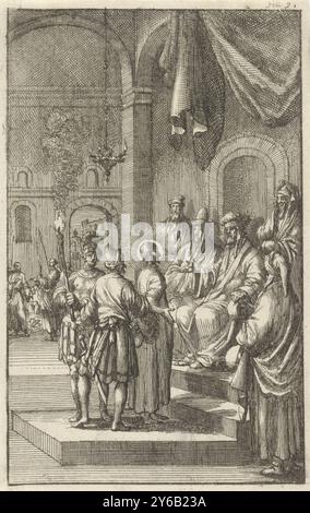 Christus vor Kaiphas, rechts oben nummeriert: Foli. 91., Druck, Druckerei: Jan Luyken, Verlag: Aart Dircksz. Oossaan, Amsterdam, 1684, Papier, Ätzen, Höhe, 135 mm x Breite, 86 mm Stockfoto