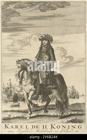 Reiterporträt von Karl II., König von England, Karl II. König von England, Schottland und Irland (Titel zum Objekt), Druck, Druckerei: Jan Luyken, Druckerei: Anonym, Verlag: Jan Claesz ten Hoorn, Amsterdam, 1685, Papier, Gravur, Ätzen, Höhe, 283 mm x Breite, 182 mm Stockfoto