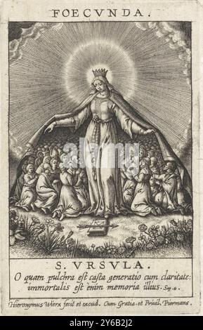 Tugend of the Fruitful, Foecvnda, S. Vrsvla (Titel über Objekt), Beispiele für Tugend (Titel der Serie), Typvs Castitatis (Titel der Serie), Heilige Ursula, mit ihrem Mantel auf beiden Seiten als Unterschlupf für Männer und Frauen. Zu ihren Füßen ist ein Buch mit einem Pfeil drauf. Am Rande ein zweizeiliges Bibelzitat aus Wijsh. 4 lateinisch, Druck, Druckerei: Hieronymus Wierix, (erwähnt auf Objekt), Verlag: Hieronymus Wierix, (erwähnt auf Objekt), Verlag: Piermans, (erwähnt auf dem Objekt), Antwerpen, 1563 - vor 1619, Papier, Gravur, Höhe, 71 mm x Breite, 45 mm Stockfoto