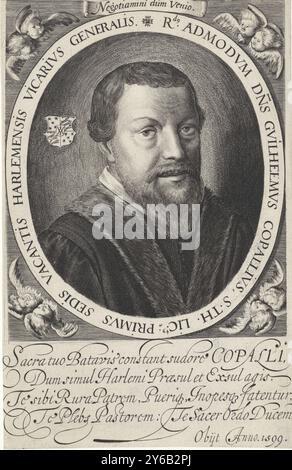 Porträt von Willem Copallius, Porträt von Willem Copallius, römisch-katholischer Geistlicher in Haarlem. Zwei Cherubim in jeder der vier Ecken., Druck, Druckerei: Jan van de Velde (II), Nordholland, 1603 - 1641, Papier, Gravur, Höhe, 195 mm x Breite, 126 mm Stockfoto