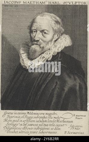 Porträt von Jacob Matham, Porträt des Haarlemer Kupferstechers Jacob Matham im Alter von 59 Jahren, Druck, Druckerei: Jan van de Velde (II), (auf dem Objekt erwähnt), nach Malerei von Pieter Claesz. Soutman, (auf dem Gegenstand erwähnt), Petrus Scriverius, (auf dem Gegenstand erwähnt), Nordholland, 1630, Papier, Gravur, Höhe, 204 mm x Breite, 135 mm Stockfoto