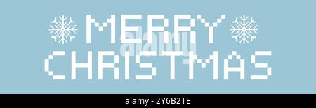 Merry christmas Pixel Retro Text mit Schneeflocken, Randdekoration. Winterrahmen. Druck, Dekoration. Begrüßung. Vektorabbildung Stock Vektor