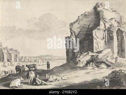 Jacob als Hirte in einer Landschaft, Jacob arbeitet als Hirte im Austausch für Rachel, in einer Landschaft mit einer Ruine., Druck, Druckerei: Jan van de Velde (II), (erwähnt auf Objekt), Verlag: Claes Jansz. Visscher (II), Amsterdam, 1603 - 1652, Papier, Ätzen, Gravieren, Höhe, 248 mm x Breite, 335 mm Stockfoto