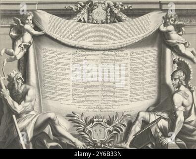 Werbedruck von Aegidius Le Maistre (1665), unterer Teil, Conclusiones Philosophicæ (Titel über Objekt), zwei Putten tragen einen Vorhang, auf dem ein Text mit einer Widmung und eine Zusammenfassung der zu verteidigenden Positionen in lateinischer Sprache steht. Neptun und Mars sind in den Ecken. Zu ihren Füßen liegt ein Wappen., Druck, Druckerei: Nicolas Pitau (I), (auf dem Gegenstand erwähnt), Druckerei: Reicher, (auf dem Gegenstand erwähnt), nach Zeichnung von: Jean Lepautre, (auf dem Gegenstand erwähnt), Paris, 1665, Papier, Gravur, Höhe, 477 mm x Breite, 637 mm Stockfoto