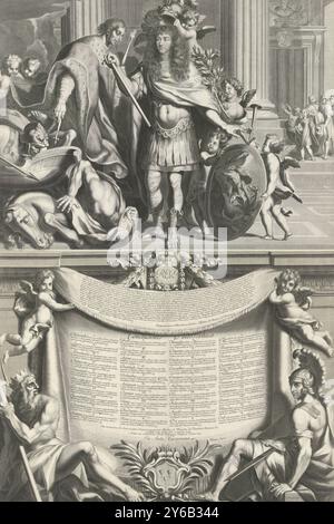 Werbedruck von Aegidius Le Maistre, 1665, Conclusiones Philosophicæ (Titel über Objekt), Ankündigung der Förderung von Aegidius Le Maistre und Verteidigung seiner Arbeit „Conclusiones Philosophicæ“, am 17. März 1665 im Collège d’Harcourt. Ludwig XIV., mit Kommandostab in der Hand, flankiert von Ludwig IX. Dem Heiligen, mit einer Hand der Gerechtigkeit. Zwei Putten legen einen Helm auf den Kopf, der mit einem Lorbeerkranz verziert ist. Andere Putten bringen ihm ein Schwert, einen Olivenzweig und einen Schild, der Herkules den Tod der hydra von Lerna zeigt. Darunter auf einem Vorhang ein Text mit einer Aufgabe und einer Zusammenfassung der Position Stockfoto