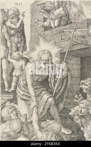 Abstieg in Limbo, Passion of Christ (Serientitel), Christus steigt mit einem Kreuz in der Hand in Limbo ab und rettet die Seelen. Hinter ihm sind Adam und Eve. Oben rechts ein Dämon. Druck, Druckerei: Jan Harmensz. Müller, nach Druck von: Lucas van Leyden, (auf dem Gegenstand erwähnt), Amsterdam, 1613 - 1622, Papier, Gravur, Höhe, 116 mm x Breite, 76 mm Stockfoto