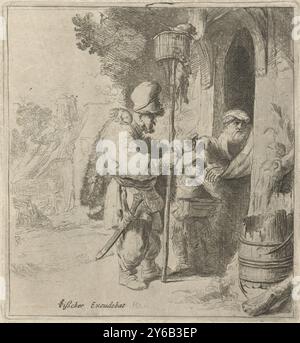 The Rattenfänger, Print, Print Maker: Anonym, nach Druck von: Rembrandt van Rijn, (auf dem Objekt erwähnt), Verlag: Claes Jansz. Visscher (II), (im Objekt erwähnt), nach 1632 - 1652, Papier, Ätzen, Höhe, 138 mm x Breite, 126 mm Stockfoto